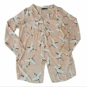 Zara Women's Crane Bird Flock Split Back Blouse Size Large Polyester High Low